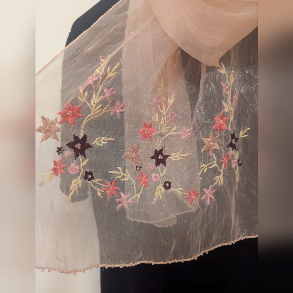 Scarf Embroidered Sheer Floral Design Tiny Pearls On Hem Fairy Princess Feminine
